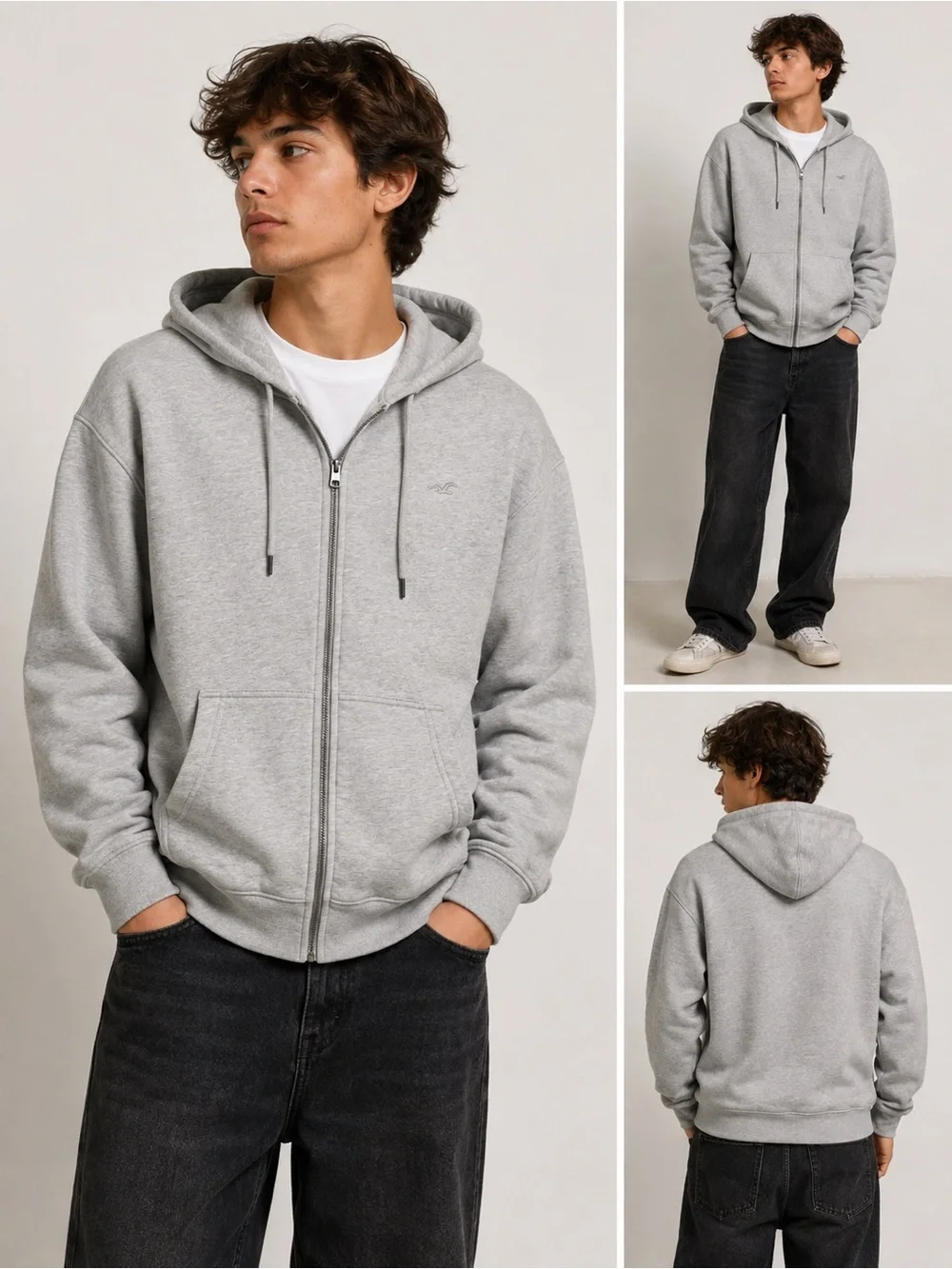 Hollister Men’s XS Gray Full-Zip Hoodie Relaxed Fit Embroidered Logo